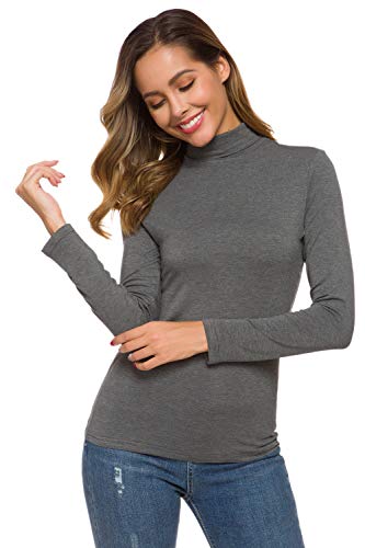 Grey Long Sleeve Shirt Women Basic Layer Turtleneck Top Stretch Slim Fit Pullover S
