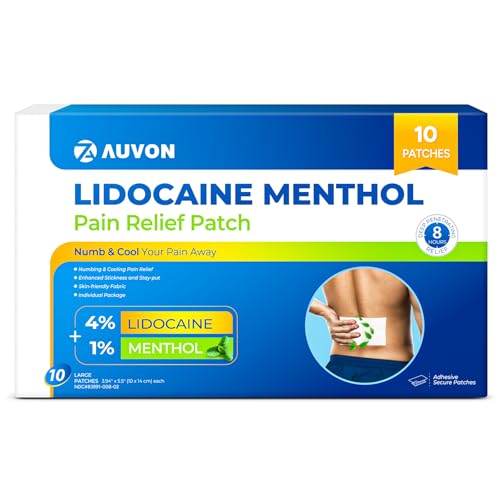 AUVON Max Strength Lidocaine OTC Pain Relief Patches (10 Count), 4% Lidocaine & 1% Menthol Penetrates for Fast, Targeted Relief of Back, Shoulder, Neck & Joint Pain, Adhesive Secure Patches Included