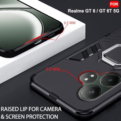 Image of TheGiftKart Tough Armor Bumper Back Case Cover for Realme GT 6 / GT 6T 5G | Ring Holder & Kickstand in-Built | 360 Degree Protection Back Case Cover for Realme GT 6 / GT 6T 5G (PC & TPU, Black)