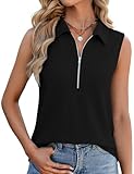 NORACORA Women's Summer Sleeveless Tops V Neck Collared Shirts Dressy Casual Striped Ribbed Tank Top with Zipper Loose Fit 2025 Summer Trendy Black