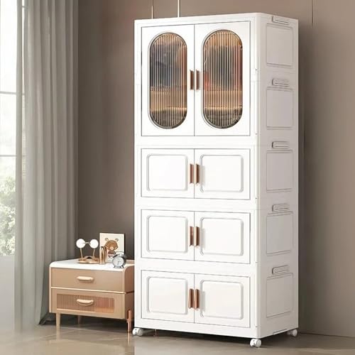 Image of EXVITO Modular Plastic Wardrobe for Bedroom | 1 Tier+3 Bins Foldable Cupboard with Hanging Rod | Stackable Storage Almirah for Clothes with Wheels | Multi-Layer Plastic Storage Cabinet - (White)