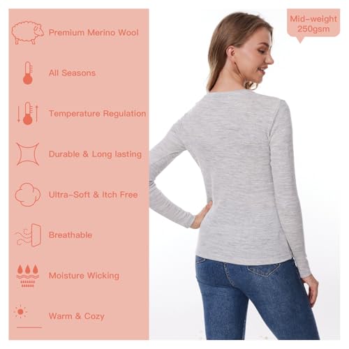 Merino Wool Base Layer Women 100% Merino Wool Long Sleeve Thermal Shirts for Women for Skiing Hiking Womens V Neck Top2