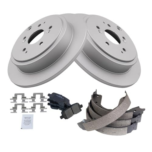 Image of TRQ Rear Brake Pad and Rotor Set Semi Metallic G Coated Rotors Parking Shoe Compatible with 2001-2006 Acura MDX