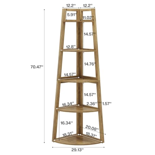 Image of Tribesigns 70 inch Tall Corner Shelf, 5 Tier Modern Corner Bookshelf Bookcase Industrial Corner Ladder Shelf Plant Stand for Living Room, Kitchen, Home Office (Light Brown)