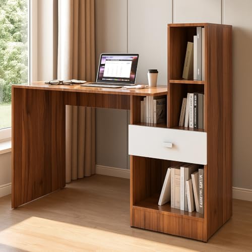 Image of CREATIVE QUBE 50 * 120 * 110 CM Engineered Wood Zuno Desk Table with Open Shelves & Drawer | Ergonomic Workstation for Home, Study Room & Office Use | 1 Year Warranty- Lyon Walnut & Everest White