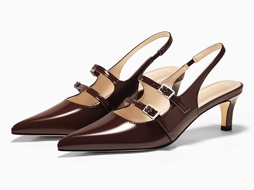 Coutgo Womens Slingback Kitten Heels Mary Jane Pumps Closed Pointed Toe Buckle Strap Wedding Dress Shoes 5
