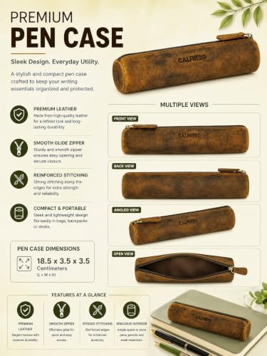 Image of Calfnero Genuine Leather Pen-Case for Men & Women | Premium Hunter Leather Pencil-Pouch with Zipper | Cylindrical Pen-Holder Organizer for Pen, Pencils & Stationery | Unisex Pen-Sleeve