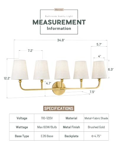 Image of 5-Light Brushed Gold Bathroom Vanity Light with Linen Fabric Shade | 35 Inch gold bathroom light fixture over mirror, UL listed, E26 bulbs, hardwired, upward only, VL837-BG-A-5