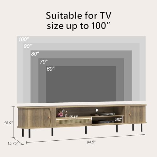 basenji 94" Mid Century Modern TV Stand, Wood TV Consoles with Sliding Doors and Rattan Door, Entertainment Center with Adjustable Shelves, Fluted TV Stands for Living Room,Oak by basenji - Used condition - Image 3