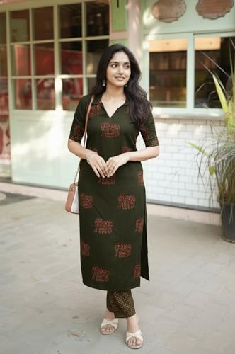 Image of ANNI Designer Women's Rayon Viscose Printed Kurta Pant Set | Collar Neck Straight Ethnic Suit for Casual, Daily, and Office Wear