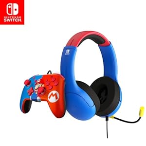 PDP Gaming Bundle Kit: AIRLITE Wired Headset with Mic + REMATCH Wired Pro Controller, Officially Licensed Nintendo Switch/Lite/OLED, Super Mario Dash (Red & Blue)