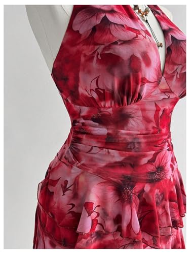 Verdusa Women's Plus Size Y2K Floral Mesh Backless Halter Dress Layered Ruffle Asymmetrical Dresses4