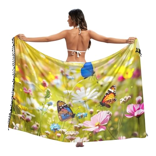 ODAWA Coorfu Fowers - Pareo transparente para traje de baño de tamaño pus para mujeres y niñas, Mariposa de flores primaver, M