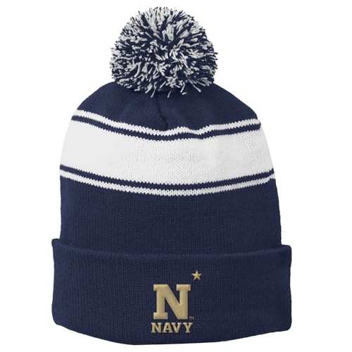 UGP Campus Apparel - BN508 - US Naval Academy Midshipmen Primary Logo - Sport Team Stripe Pom Pom Beanie - One Size - True Navy/White