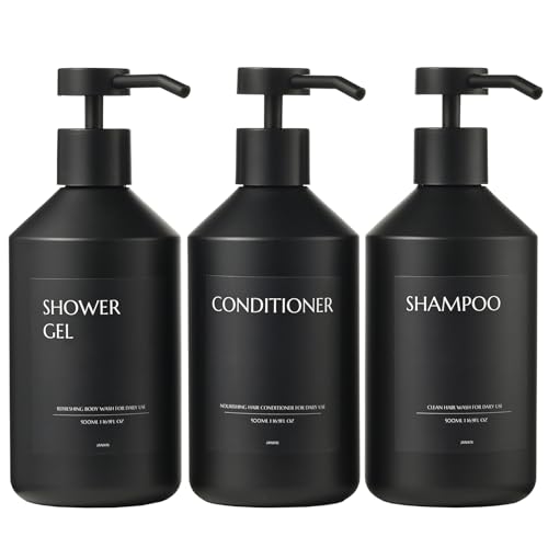 Janxin 3 Black Soap Dispenser, Botes Gel y Champu Rellenables Baño, Dispensador Gel Ducha, for Liquid/Soap/Shampoo/Lotion/Shower Gel, with Funnel, Sticker(Botella Negra + Cabeza Negra)