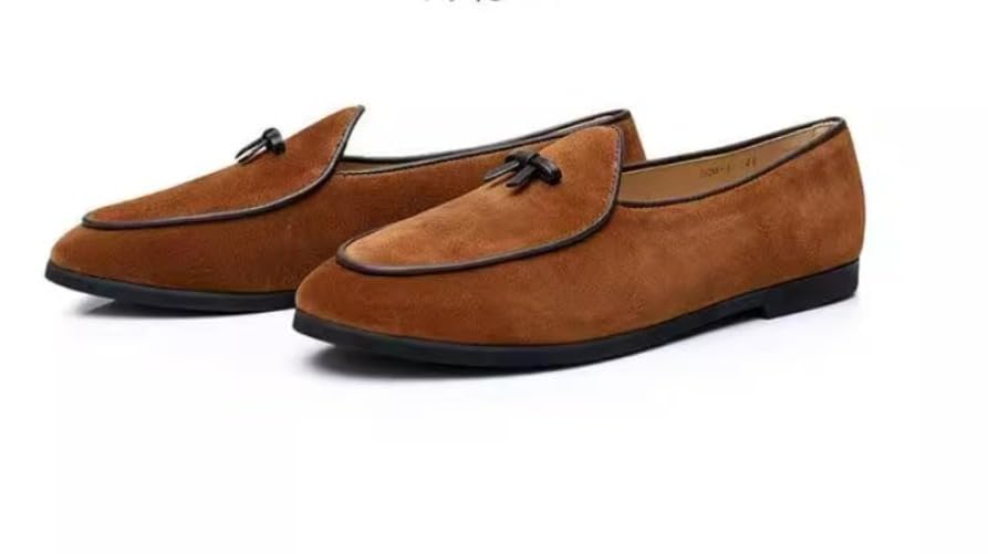 Men's Suede Leather Slippers Loafers Slip on Bowtie Belgian Dress Shoes