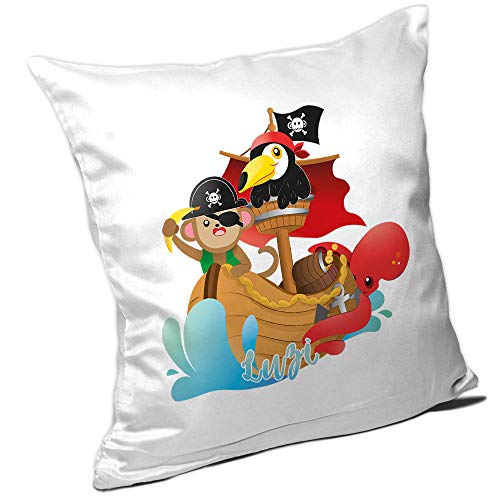 Eurofoto Kissen mit Namen Luzi und Tier-Piraten-Motiv für Mädchen | Namenskissen personalisiert | Kuschelkissen | Schmusekissen