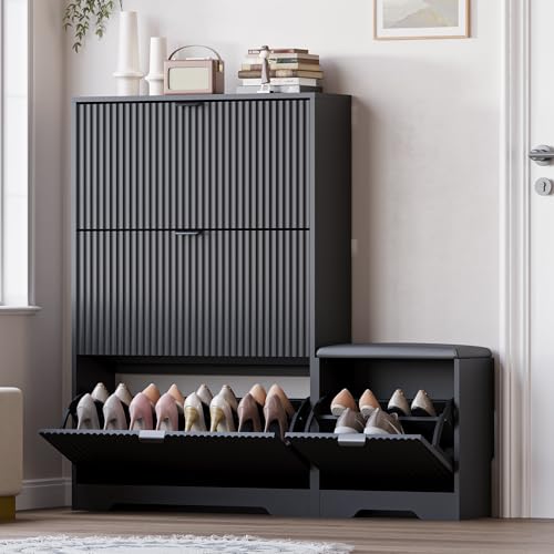Image of BORNOON Slim Shoe Cabinet with Bench for Entryway, Hidden Storage and Adjustable Shelves, Free Standing Wooden Shoes Organizer for Hallway, Foyer