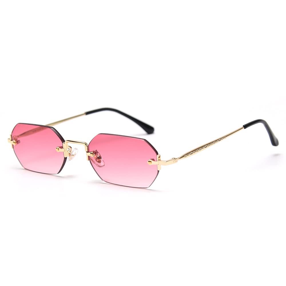 LIGOES - Occhiali da sole rettangolari da uomo, senza montatura, occhiali da sole ottagonali, piccoli, occhiali da donna, metallo, oro, poligono, blu, marrone uv400