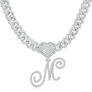 RLMOON Cursive Initial Cuban Necklace for Women Silver Miami Iced Out Cuban Chain Choker Necklace Diamond Initial Heart Pendant Letter Necklace Alphabet A-Z Hip Hop Jewelry