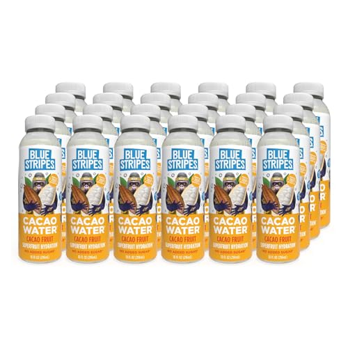 Image of Blue Stripes Cacao Water - Cold Pressed Superfruit Hydration with Electrolytes & Antioxidants, No Sugar Added, All Natural, Great for Protein Shakes & Smoothies - Just Cacao, 24 Pack