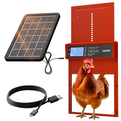 Okkobi Porte Automatique Poulailler Solaire - Ecran LCD - Télécommande, capteur de lumière et minuterie - Sécurité et tranquillité d'esprit : Fonction Anti-pincement - Protection 5 Ans