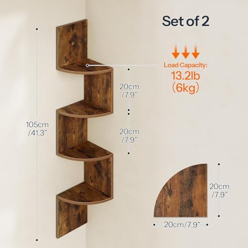 Image of Wooden Corner Shelf Wall-Mounted, Set of 2 Floating Corner Shelves for Wall, 4-Tier Corner Bookshelves for Living Room, Bedroom, Bathroom, Home Office (Brown Finish)