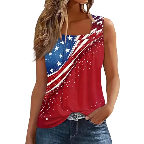 4th of July Tank Tops for Women, Independence Day Tank Womens Classic Sleeveless Long Beach Polyester Patriotic Tank Loose Fitting Ruffle Square Neck Light Tops