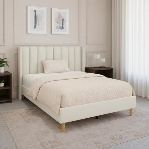 Image of Metal Upholstered Bed King Size Without Storage | Wooden King Size Cot with Headboard | Double Size Bed for Bedroom | Palang Furniture for Guest Room & Hotels, Cream, (Cream)