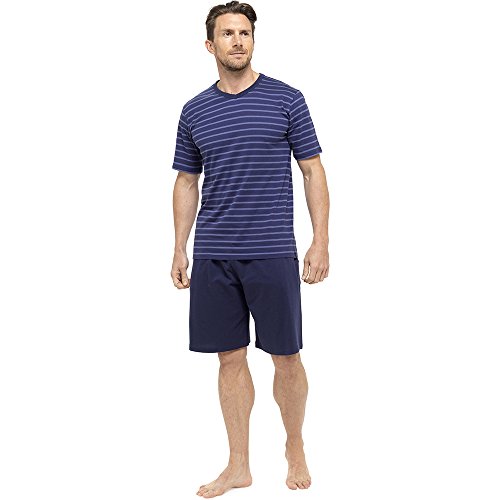 Tom Franks Hommes Rayé Coton Jersey T Shirt & Short Pyjama - Bleu Marine & Bleu, Medium