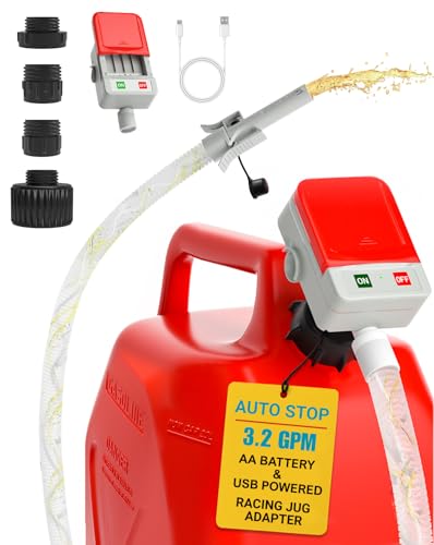 Auto-Stop Fuel Transfer Pump, Battery or USB Powered Electric Gas Pump, 3.2 Gallon per Min Portable Pump for Gas Can with 51' Hose & 4 Adapters for Gasoline, Diesel, No-Spill Refueling, Gift for Men