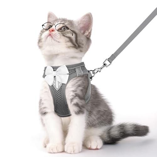 Cat Vest Harness and Leash Set for Walking Escape Proof, Adjustable Kitten Harness Breathable Mesh with Reflective Strips Harness for Kitty Puppy Bunny (Grey,XS)
