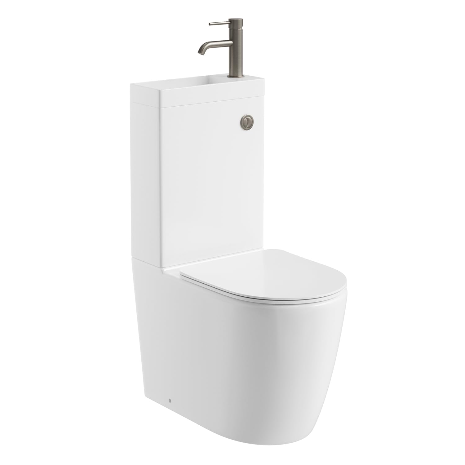 Go Bathrooms 2 in 1 Toilet & Sink Includes Nickel Tap with Waste Cistern Button & Soft Close Toilet Seat Two Piece Ceramic Rimless Toilet & Basin Space Saver