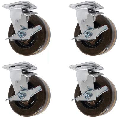 CasterHQ - 8" X 2" HIGH Temperature PHENOLIC Wheel | Swivel Caster Set of 4 | All 4 with Brakes | 3,600 LBS Capacity PER Set of 4