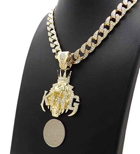 Gold Plated King Crown Lion Pendant & 10mm 18" 20" 24" Iced Cuban Chain Lab Diamond Hip Hop Jewelry Necklace3