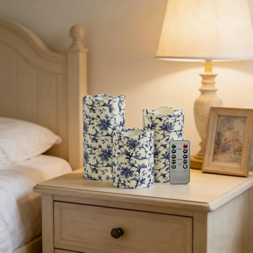 Image of Remote Flameless Candles 4 inch 5 inch 6 inch - Set of 3 Blue and White LED Pillar Candles Wave Top Plastic Battery Operated with Timer for Home Wedding Holiday Decor Indoor Outdoor,PLT3P-BW