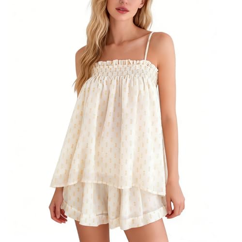 Image of SOOKABEILA Women 2 Piece Lounge Set Sleeveless Striped Cami Peplum Top Boxer Shorts Loose Ruffle Matching Pj Sets Outfits