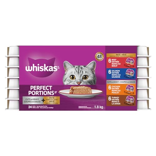 WHISKAS Perfect Portions Adult Wet Cat Food Paté and Cuts in Gravy – Chicken – Turkey – Beef – Salmon – 75g (24 Pack)