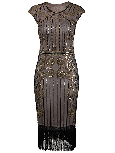 Vijiv 1920s Vintage Inspired Sequin Embellished Fringe Long Gatsby Flapper Dress, XXL,Champagne gold,XX-Large - Thumbnail 3