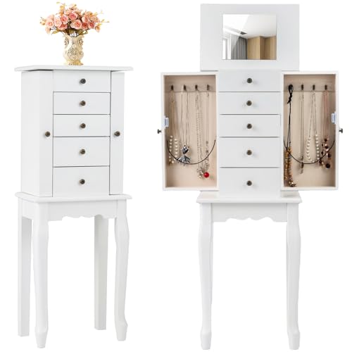 Giantex Standing Jewelry Armoire Cabinet with 4 Drawers, Flip Top Mirror, Top Storage Compartments,...