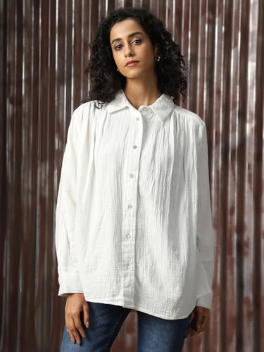 Image of High Star Women Cotton Solid Oversized Fit Casual Collar Full Sleeves Shirts