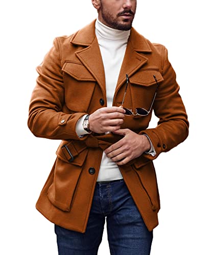 Pretifeel Mens Trench Coat Slim Fit Wool Blends Business Lapel Belted Overcoat Winter Casual Peacoat Jacket
