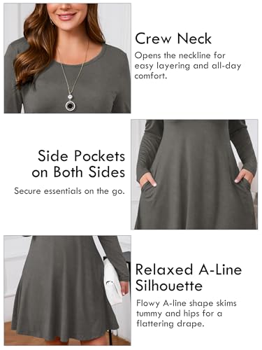 Image of AusLook Women's Plus Midi Dress Long Sleeve Crew Neck A-Line Swing Flowy Vacation Fall Wedding Guest Dresses with Pocket 1-5X