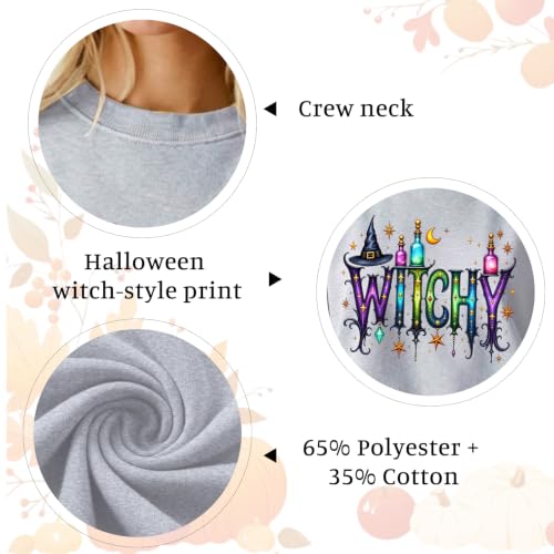 Halloween Sweatshirts for Women Crewneck Oversized Y2k Witchy Tops Grey - image 6