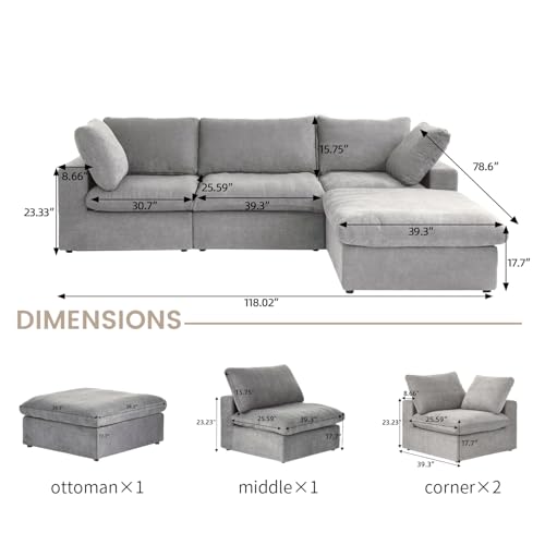 Cloud Modular Sectional Sofa with Storage Ottoman,120.45" L Shaped Couch for Living Room,Down Filled Convertible Couch Deep Seat for Office Apartment,Covers Washable&Replaceable (Gray)
