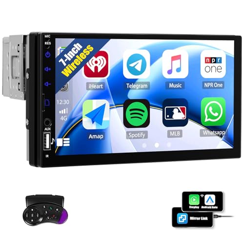 CAMECHO Autoradio 1 Din Wireless Carplay Android Auto Bluetooth Radio avec écran Tactile LCD 7 Pouces HD avec Mirror Link Commandes au Volant +USB AUX SD...