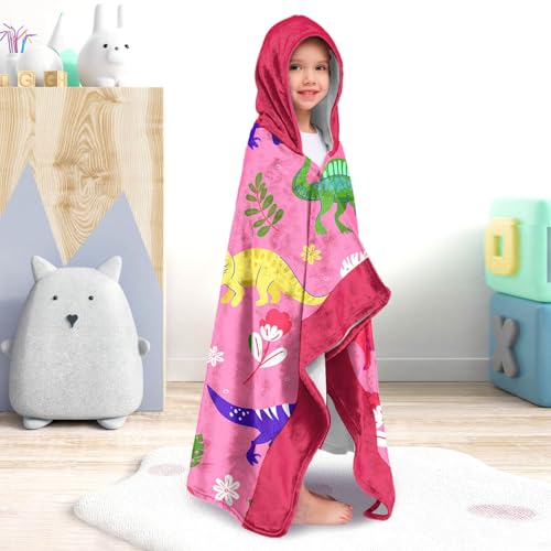 Image of Dinosaur Girls Beach Towel with Hoodie for Kids Toddlers Age 4-8, Pink Bath Towels Shower Wrap for Girls, Hooded Poncho Beach Blanket for Pool Swimming Cute Wearable Bath Towel for Child