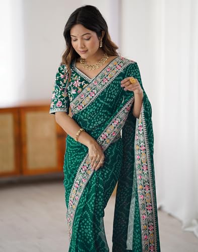 Image of SIRIL Women's Georgette Bandhani Printed Saree with Unstitched Blouse Piece