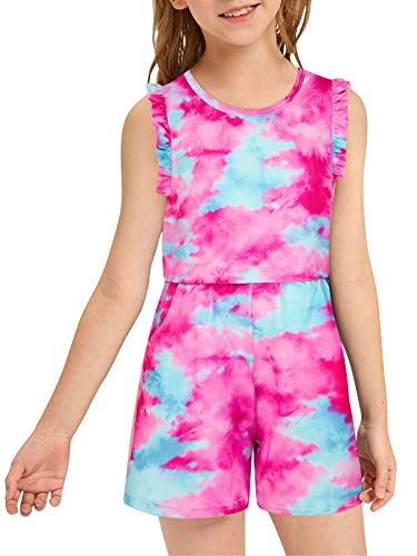 Girls Tie Dye Rompers Size 8 9 Ruffle Sleeve Jumpsuits Shorts Round Neck Elastic Waist One Piece Summer Outfits With Pockets #TOP1
