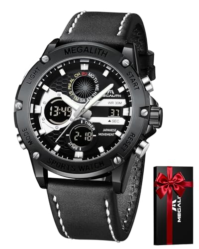 MEGALITH Herren Uhr Digital Lederarmband: Schwarz Analog Wasserdicht Armbanduhren für Herren - Groß Ziffernblatt Quarz Männer Sport Uhren - Mode Männer Geschenke